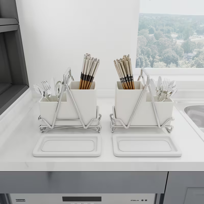 1pc Cream White Stainless Steel Utensil Holder with Metal Accents - Multifunctional Kitchen Countertop Organizer for Cooking Utensils, Knives, Spoons, and Forks, Dining Room Accessory|Triangular Design|Metal Utensil Holder, Kitchen Utensils