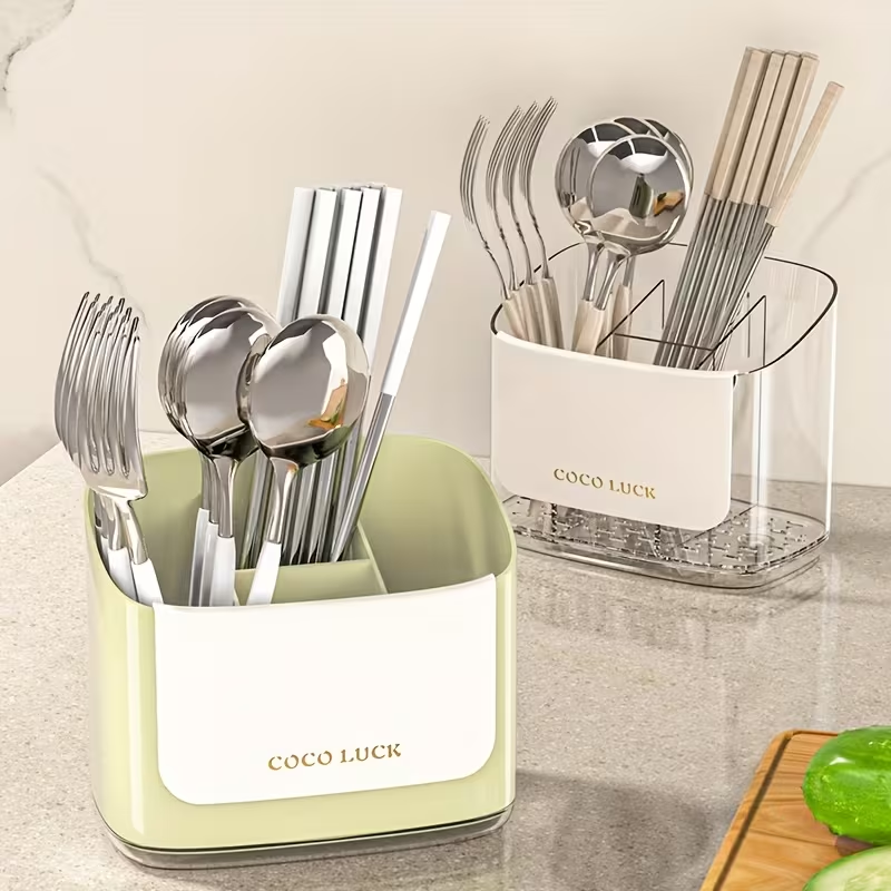 Cutlery Storage Box with a Drainage Rack And Dividers, Wall-Mounted Without Drilling, Suitable for Storing Chopsticks, Knives, Forks, Spoons, And Other Utensils