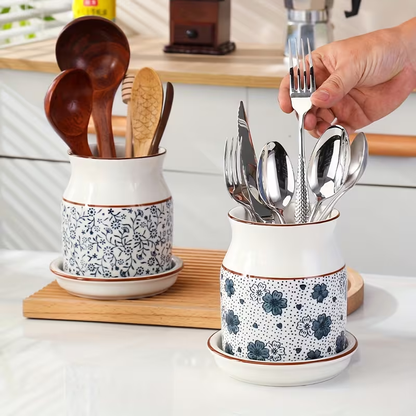[Ceramic Utensil Rack] 2pcs/Set Ceramic Kitchen Utensil Storage Rack | Large Capacity, Cherry Blossom Pattern, Ceramic Base, Perfect for Desktop Countertop Storage and Decoration