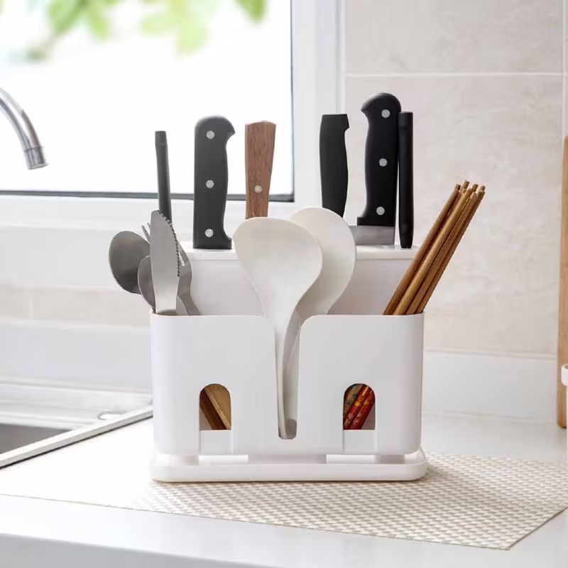 1pc Plastic Kitchen Organizer Rack, Chopsticks Storage Box, Knife Holder with Drain, Utensil Caddy for Cutlery and Knives