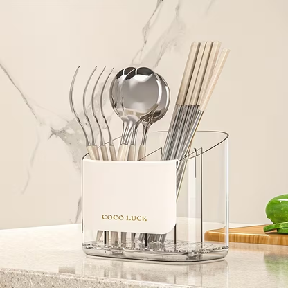 Cutlery Storage Box with a Drainage Rack And Dividers, Wall-Mounted Without Drilling, Suitable for Storing Chopsticks, Knives, Forks, Spoons, And Other Utensils