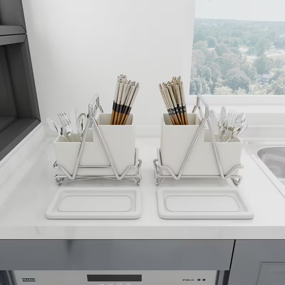1pc Cream White Stainless Steel Utensil Holder with Metal Accents - Multifunctional Kitchen Countertop Organizer for Cooking Utensils, Knives, Spoons, and Forks, Dining Room Accessory|Triangular Design|Metal Utensil Holder, Kitchen Utensils