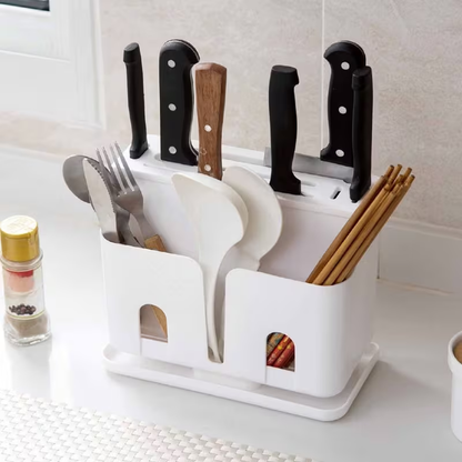 1pc Plastic Kitchen Organizer Rack, Chopsticks Storage Box, Knife Holder with Drain, Utensil Caddy for Cutlery and Knives