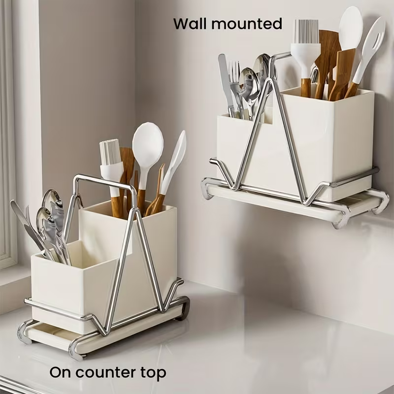 1pc Cream White Stainless Steel Utensil Holder with Metal Accents - Multifunctional Kitchen Countertop Organizer for Cooking Utensils, Knives, Spoons, and Forks, Dining Room Accessory|Triangular Design|Metal Utensil Holder, Kitchen Utensils