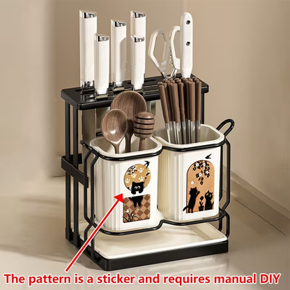 Multifunctional Kitchen Countertop Cutlery Organizer | Stainless Steel with Drip Tray, Ideal for Knives, Forks, and Chopsticks Storage, Suitable for Home and Commercial Use