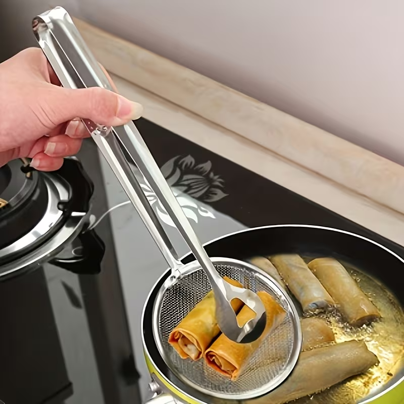Extended Stainless Steel Oil Spoon Filter | Multifunctional Non-Stick Mesh Oil Pan Clamp, Suitable for Stir Frying and Oil Draining, All-Season Use, Kitchen Supplies