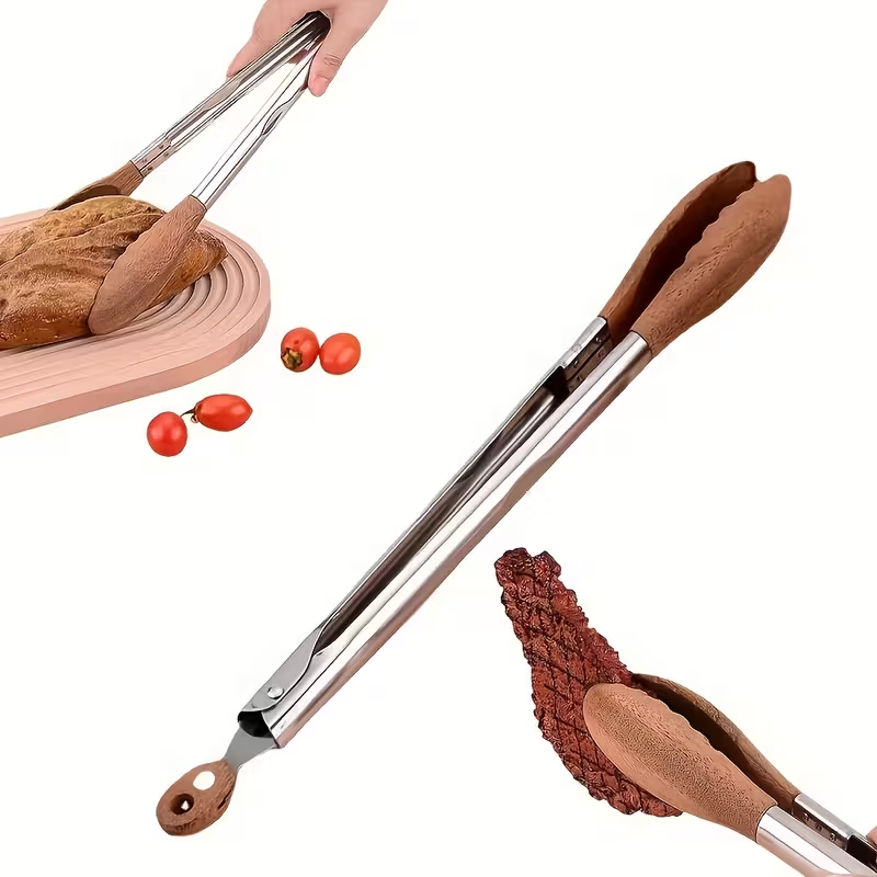 12-inch BBQ walnut stainless steel sliding lockable grill tongs for buffet salad bread pairing, outdoor and kitchen grilling tools.Hallowmas/Christmas