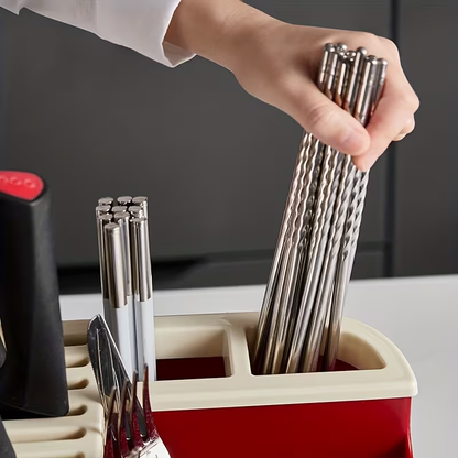 1pc Red Multi-functional Knife and Cutlery Organizer with Drip Tray, Countertop Multi-purpose Utensil Storage Box and Chopstick Drainer, Insertable Vertical Fork and Knife Organizer Storage Box, Made of Washable, Durable, and Easy-to-install Plastic.