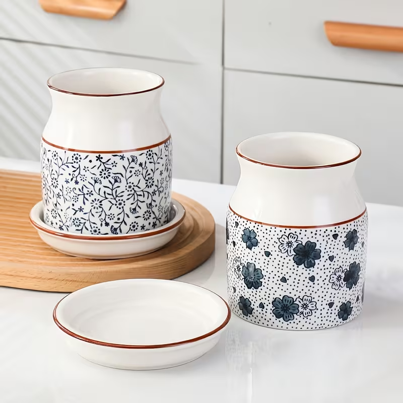 [Ceramic Utensil Rack] 2pcs/Set Ceramic Kitchen Utensil Storage Rack | Large Capacity, Cherry Blossom Pattern, Ceramic Base, Perfect for Desktop Countertop Storage and Decoration