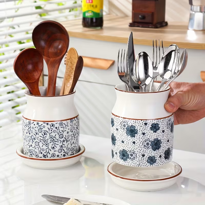 [Ceramic Utensil Rack] 2pcs/Set Ceramic Kitchen Utensil Storage Rack | Large Capacity, Cherry Blossom Pattern, Ceramic Base, Perfect for Desktop Countertop Storage and Decoration