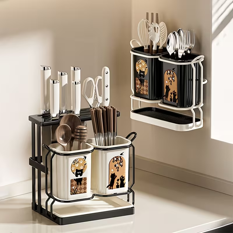 Multifunctional Kitchen Countertop Cutlery Organizer | Stainless Steel with Drip Tray, Ideal for Knives, Forks, and Chopsticks Storage, Suitable for Home and Commercial Use