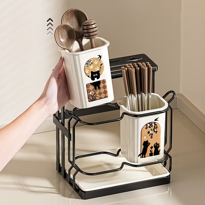 Multifunctional Kitchen Countertop Cutlery Organizer | Stainless Steel with Drip Tray, Ideal for Knives, Forks, and Chopsticks Storage, Suitable for Home and Commercial Use