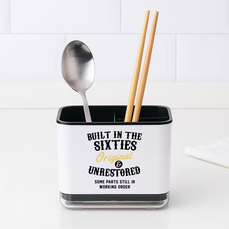 Playful Print Kitchen Utensil Organizer - Cute Utensil Holder with Spatula Slot & Spoon/Fork Compartments, Durable Plastic Countertop Storage for Farmhouse Sink, Space-Saving Black & White Utensil Organizer for Spoons, Knives, Spatulas