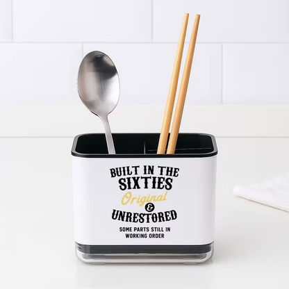 Playful Print Kitchen Utensil Organizer - Cute Utensil Holder with Spatula Slot & Spoon/Fork Compartments, Durable Plastic Countertop Storage for Farmhouse Sink, Space-Saving Black & White Utensil Organizer for Spoons, Knives, Spatulas