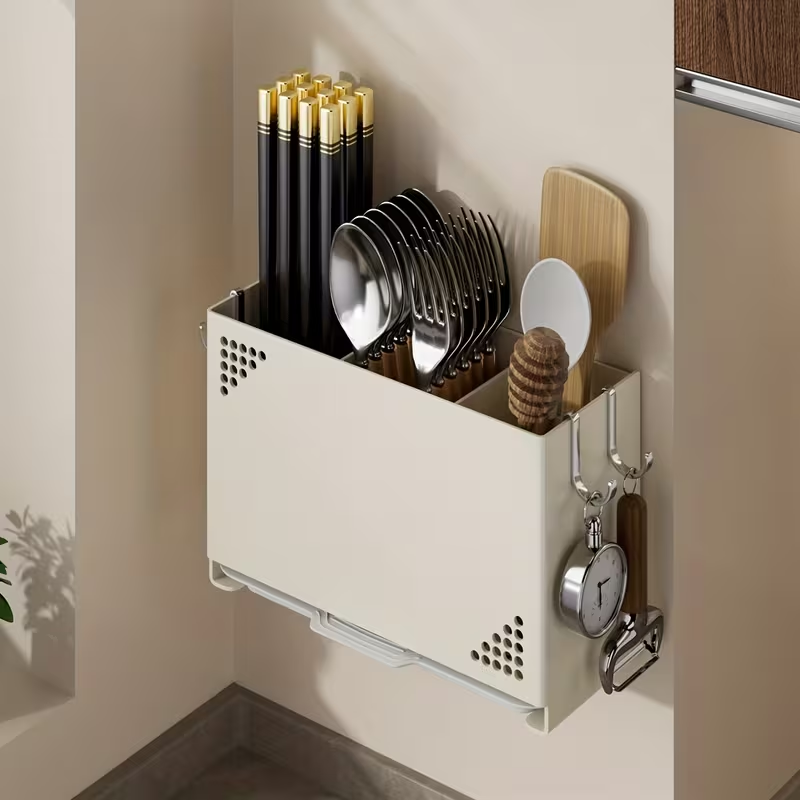 1pc Wall Mounted Chopstick Holder | Space Saving Kitchen Organizer with Cutlery Slots, Countertop Utensil Rack with Built-in Drainage System for Home and Restaurant Use, Suitable for Chopsticks, Spoons, Spatulas - Compact Countertop or Wall Rack