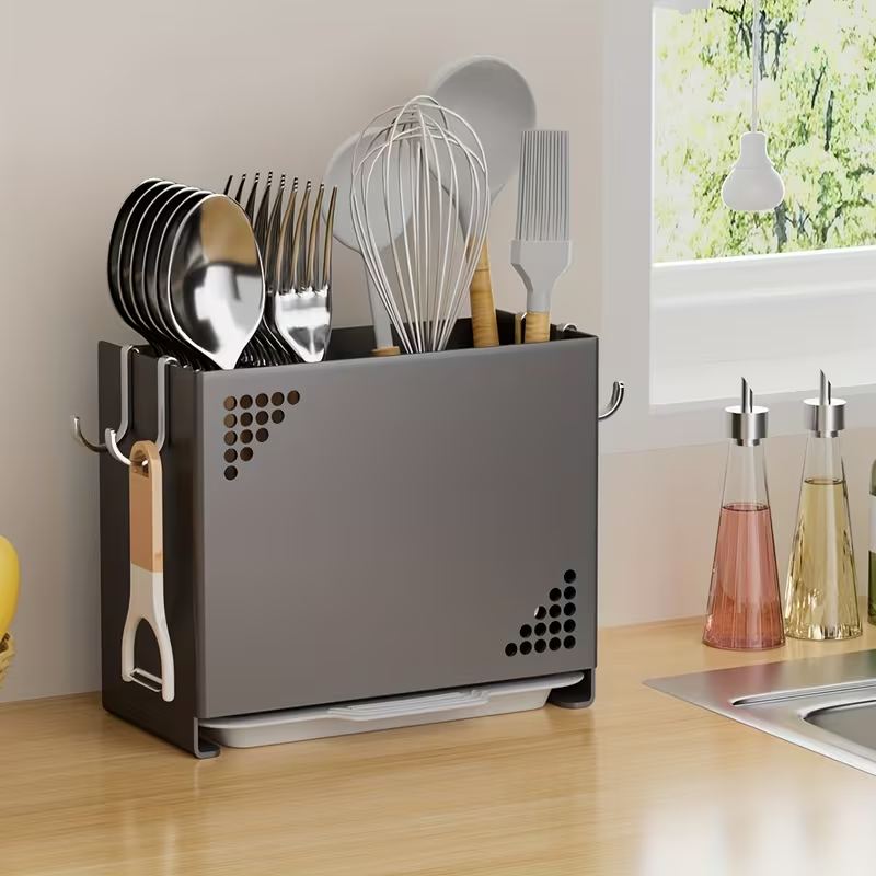 1pc Wall Mounted Chopstick Holder | Space Saving Kitchen Organizer with Cutlery Slots, Countertop Utensil Rack with Built-in Drainage System for Home and Restaurant Use, Suitable for Chopsticks, Spoons, Spatulas - Compact Countertop or Wall Rack