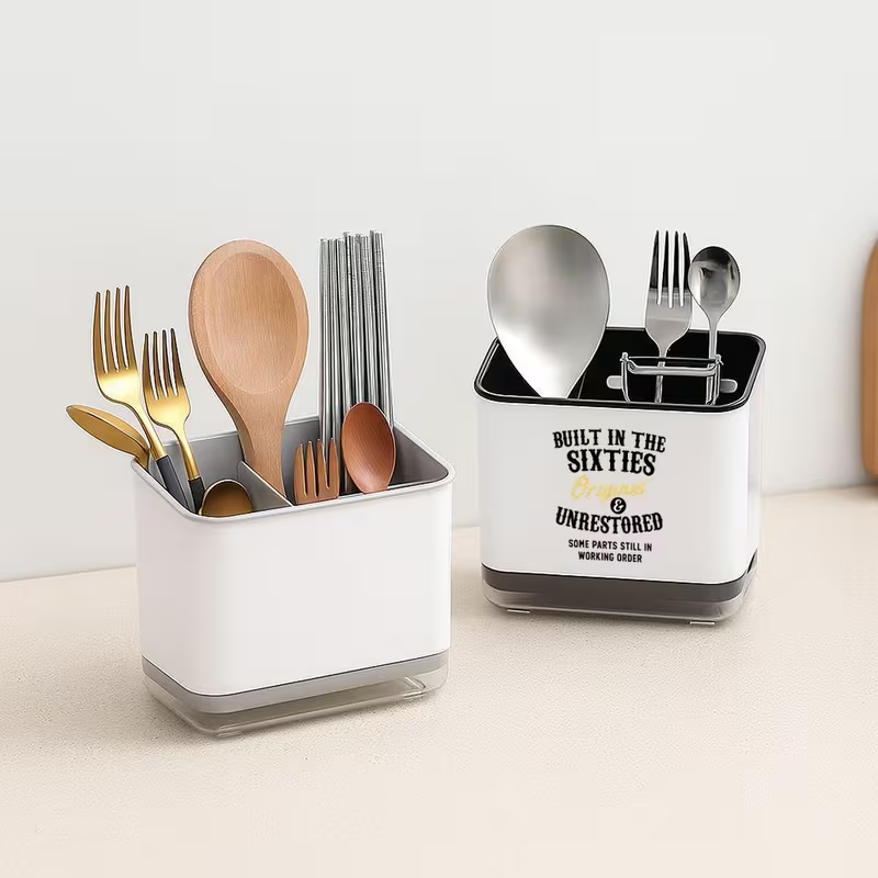 Playful Print Kitchen Utensil Organizer - Cute Utensil Holder with Spatula Slot & Spoon/Fork Compartments, Durable Plastic Countertop Storage for Farmhouse Sink, Space-Saving Black & White Utensil Organizer for Spoons, Knives, Spatulas