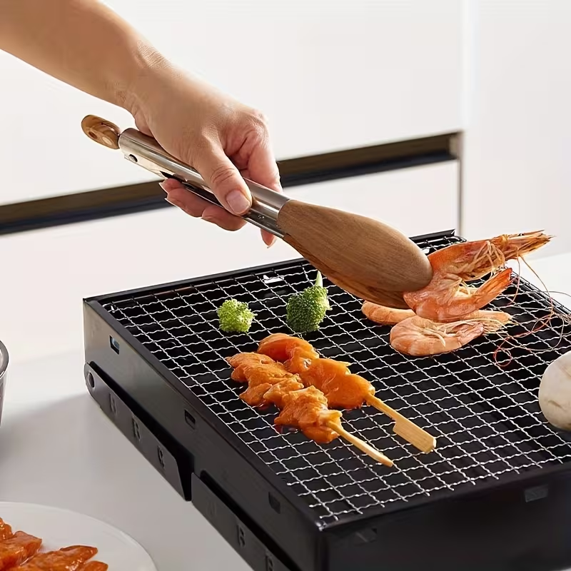 12-inch BBQ walnut stainless steel sliding lockable grill tongs for buffet salad bread pairing, outdoor and kitchen grilling tools.Hallowmas/Christmas