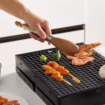 12-inch BBQ walnut stainless steel sliding lockable grill tongs for buffet salad bread pairing, outdoor and kitchen grilling tools.Hallowmas/Christmas