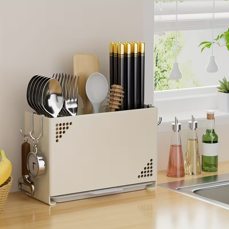1pc Wall Mounted Chopstick Holder | Space Saving Kitchen Organizer with Cutlery Slots, Countertop Utensil Rack with Built-in Drainage System for Home and Restaurant Use, Suitable for Chopsticks, Spoons, Spatulas - Compact Countertop or Wall Rack