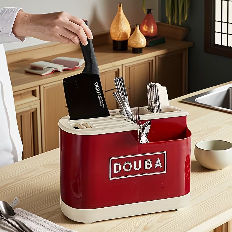 1pc Red Multi-functional Knife and Cutlery Organizer with Drip Tray, Countertop Multi-purpose Utensil Storage Box and Chopstick Drainer, Insertable Vertical Fork and Knife Organizer Storage Box, Made of Washable, Durable, and Easy-to-install Plastic.