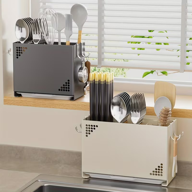 1pc Wall Mounted Chopstick Holder | Space Saving Kitchen Organizer with Cutlery Slots, Countertop Utensil Rack with Built-in Drainage System for Home and Restaurant Use, Suitable for Chopsticks, Spoons, Spatulas - Compact Countertop or Wall Rack