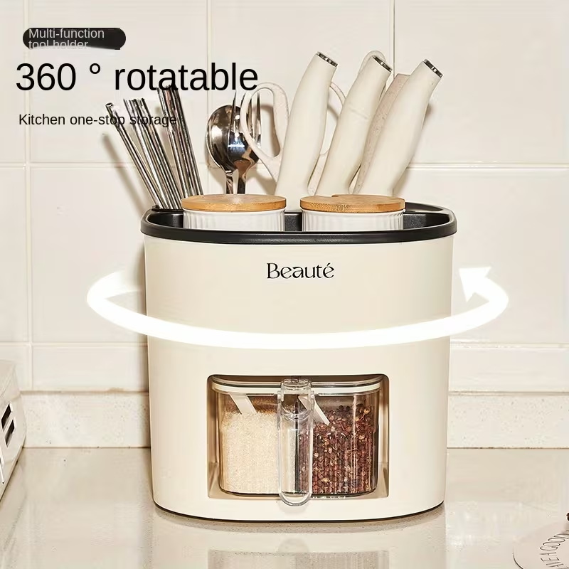 Multifunctional Kitchen Storage Rack | Large Capacity Rotating Holder with Chopsticks Container and Seasoning Box, Plastic Material