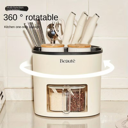 Multifunctional Kitchen Storage Rack | Large Capacity Rotating Holder with Chopsticks Container and Seasoning Box, Plastic Material