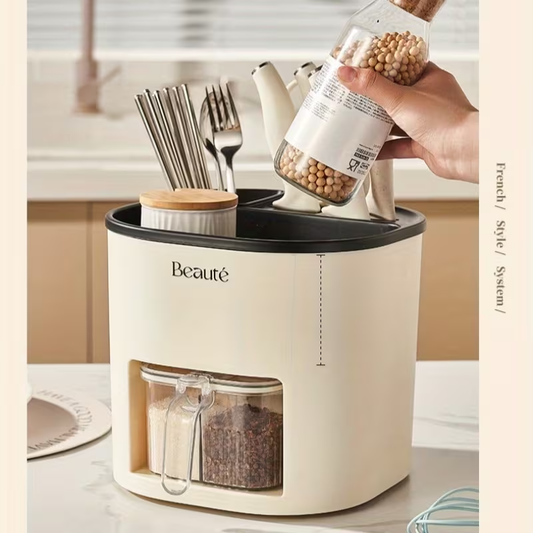 Multifunctional Kitchen Storage Rack | Large Capacity Rotating Holder with Chopsticks Container and Seasoning Box, Plastic Material