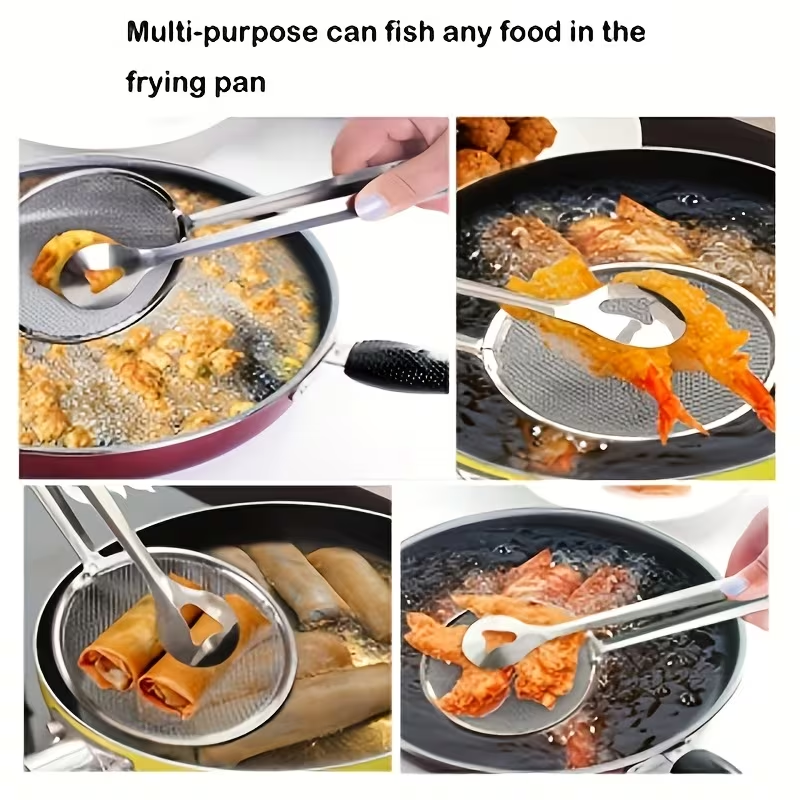 Extended Stainless Steel Oil Spoon Filter | Multifunctional Non-Stick Mesh Oil Pan Clamp, Suitable for Stir Frying and Oil Draining, All-Season Use, Kitchen Supplies
