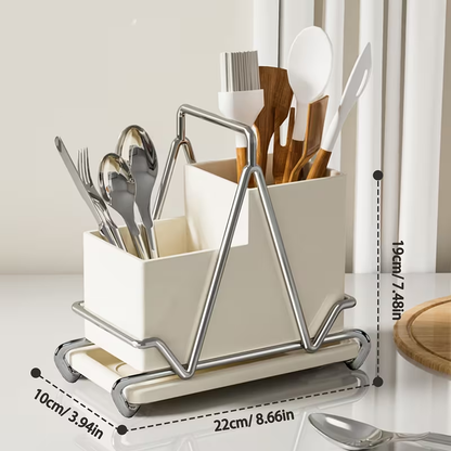 1pc Cream White Stainless Steel Utensil Holder with Metal Accents - Multifunctional Kitchen Countertop Organizer for Cooking Utensils, Knives, Spoons, and Forks, Dining Room Accessory|Triangular Design|Metal Utensil Holder, Kitchen Utensils