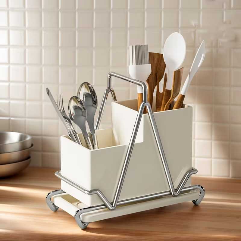 1pc Cream White Stainless Steel Utensil Holder with Metal Accents - Multifunctional Kitchen Countertop Organizer for Cooking Utensils, Knives, Spoons, and Forks, Dining Room Accessory|Triangular Design|Metal Utensil Holder, Kitchen Utensils