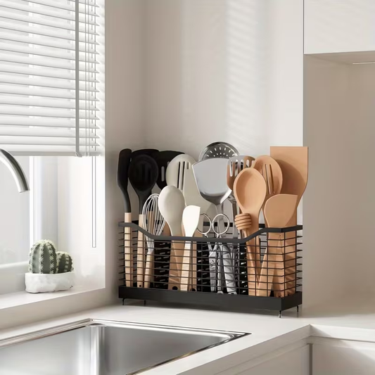1pc Stainless Steel Kitchen Utensil Holder - Modern Design with Multiple Compartments for Spoons, Forks & More - Perfect for Efficient Storage and Accessibility, Kitchen Organizers And Storage