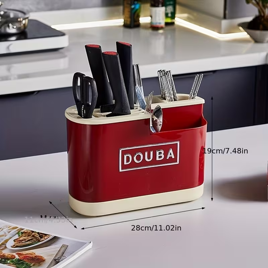 1pc Red Multi-functional Knife and Cutlery Organizer with Drip Tray, Countertop Multi-purpose Utensil Storage Box and Chopstick Drainer, Insertable Vertical Fork and Knife Organizer Storage Box, Made of Washable, Durable, and Easy-to-install Plastic.