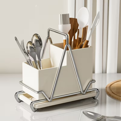 1pc Cream White Stainless Steel Utensil Holder with Metal Accents - Multifunctional Kitchen Countertop Organizer for Cooking Utensils, Knives, Spoons, and Forks, Dining Room Accessory|Triangular Design|Metal Utensil Holder, Kitchen Utensils