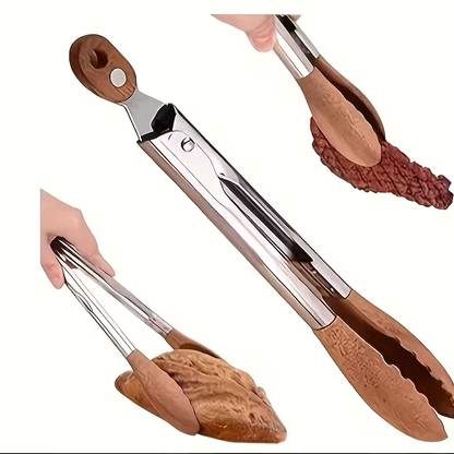 12-inch BBQ walnut stainless steel sliding lockable grill tongs for buffet salad bread pairing, outdoor and kitchen grilling tools.Hallowmas/Christmas