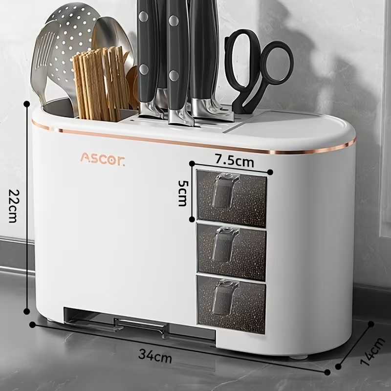 A Multifunctional Kitchen Storage Rack, a Premium Holder for Knives And Kitchen Tools, Equipped with a Ventilated Back Panel for Optimal Air Circulation, Featuring Built-In Spice Boxes And a Multi-Hole Design