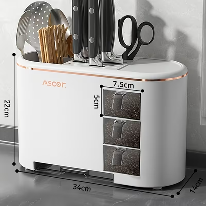 A Multifunctional Kitchen Storage Rack, a Premium Holder for Knives And Kitchen Tools, Equipped with a Ventilated Back Panel for Optimal Air Circulation, Featuring Built-In Spice Boxes And a Multi-Hole Design