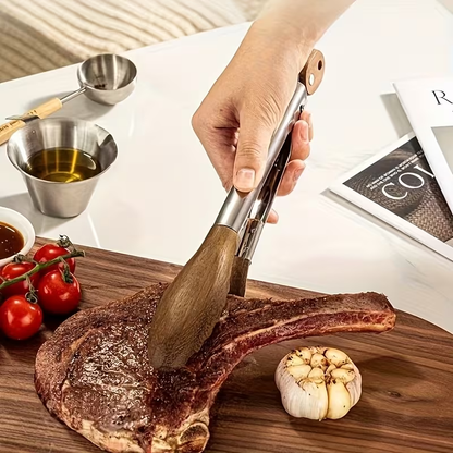 12-inch BBQ walnut stainless steel sliding lockable grill tongs for buffet salad bread pairing, outdoor and kitchen grilling tools.Hallowmas/Christmas