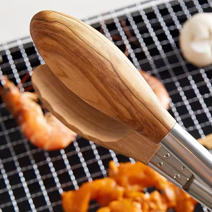 12-inch BBQ walnut stainless steel sliding lockable grill tongs for buffet salad bread pairing, outdoor and kitchen grilling tools.Hallowmas/Christmas