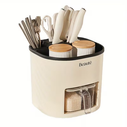 Multifunctional Kitchen Storage Rack | Large Capacity Rotating Holder with Chopsticks Container and Seasoning Box, Plastic Material