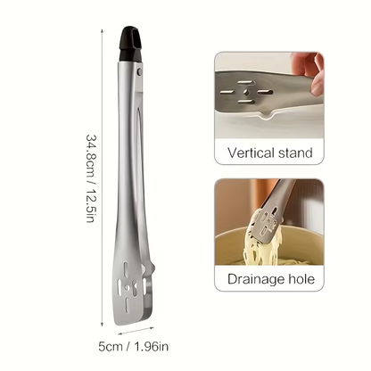 [Heavy-Duty | Stainless Steel] 1pc Heavy-Duty Stainless Steel Kitchen Clamp | Long Handle, Non-Slip Grip for Steak, BBQ, Salad, Bread, Pastries | Commercial & Home Use, Easy-Clean, Restaurant Food Tongs, Bbq Essentials, Streamlined Design