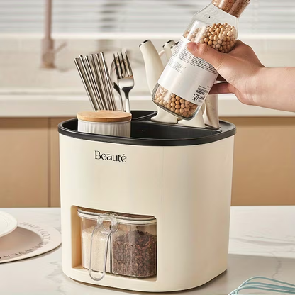 Multifunctional Kitchen Storage Rack | Large Capacity Rotating Holder with Chopsticks Container and Seasoning Box, Plastic Material