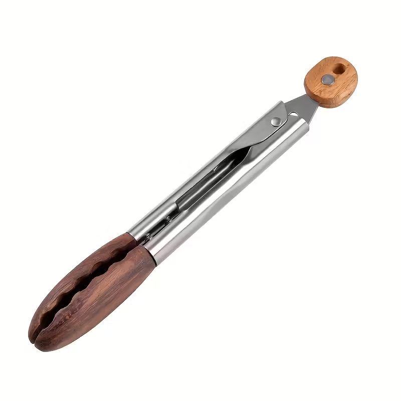 12-inch BBQ walnut stainless steel sliding lockable grill tongs for buffet salad bread pairing, outdoor and kitchen grilling tools.Hallowmas/Christmas