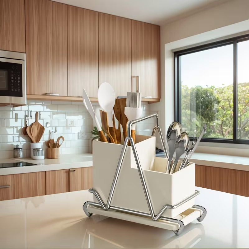 1pc Cream White Stainless Steel Utensil Holder with Metal Accents - Multifunctional Kitchen Countertop Organizer for Cooking Utensils, Knives, Spoons, and Forks, Dining Room Accessory|Triangular Design|Metal Utensil Holder, Kitchen Utensils