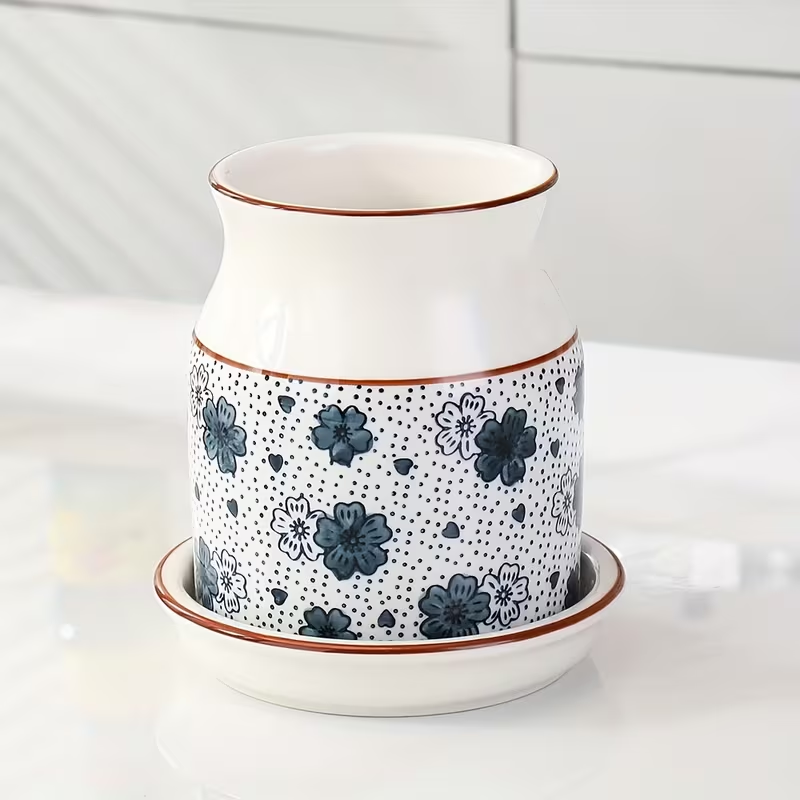 [Ceramic Utensil Rack] 2pcs/Set Ceramic Kitchen Utensil Storage Rack | Large Capacity, Cherry Blossom Pattern, Ceramic Base, Perfect for Desktop Countertop Storage and Decoration