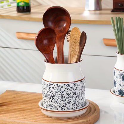 [Ceramic Utensil Rack] 2pcs/Set Ceramic Kitchen Utensil Storage Rack | Large Capacity, Cherry Blossom Pattern, Ceramic Base, Perfect for Desktop Countertop Storage and Decoration