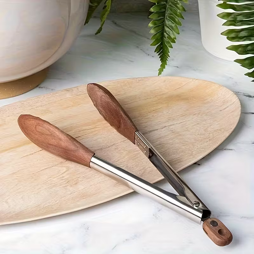12-inch BBQ walnut stainless steel sliding lockable grill tongs for buffet salad bread pairing, outdoor and kitchen grilling tools.Hallowmas/Christmas
