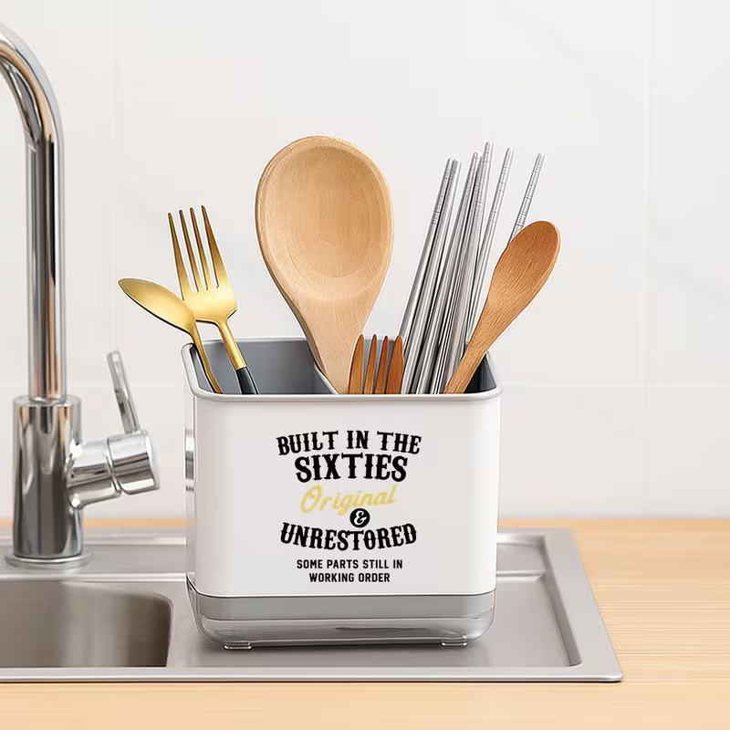 Playful Print Kitchen Utensil Organizer - Cute Utensil Holder with Spatula Slot & Spoon/Fork Compartments, Durable Plastic Countertop Storage for Farmhouse Sink, Space-Saving Black & White Utensil Organizer for Spoons, Knives, Spatulas