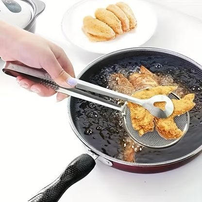 Extended Stainless Steel Oil Spoon Filter | Multifunctional Non-Stick Mesh Oil Pan Clamp, Suitable for Stir Frying and Oil Draining, All-Season Use, Kitchen Supplies